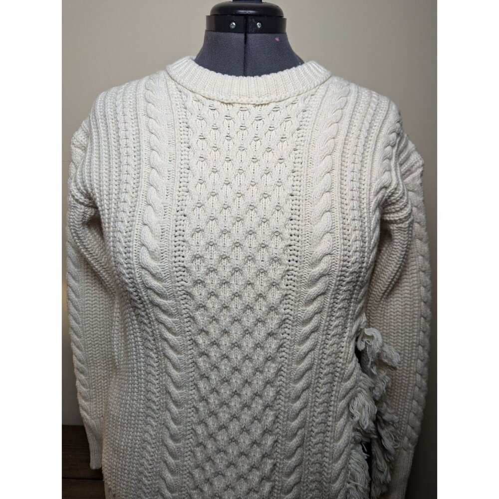 XXS J. CREW Cotton & Wool Sweater - Chunky Cable Knit w/ Slit and Fringe - Picture 4 of 12